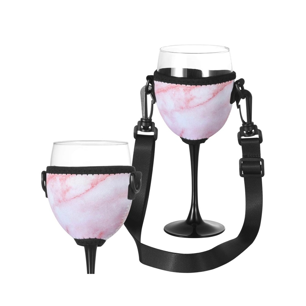 New Wine Glass Holder Sling Pink Marble Pattern Beverage Carrier Adjustable